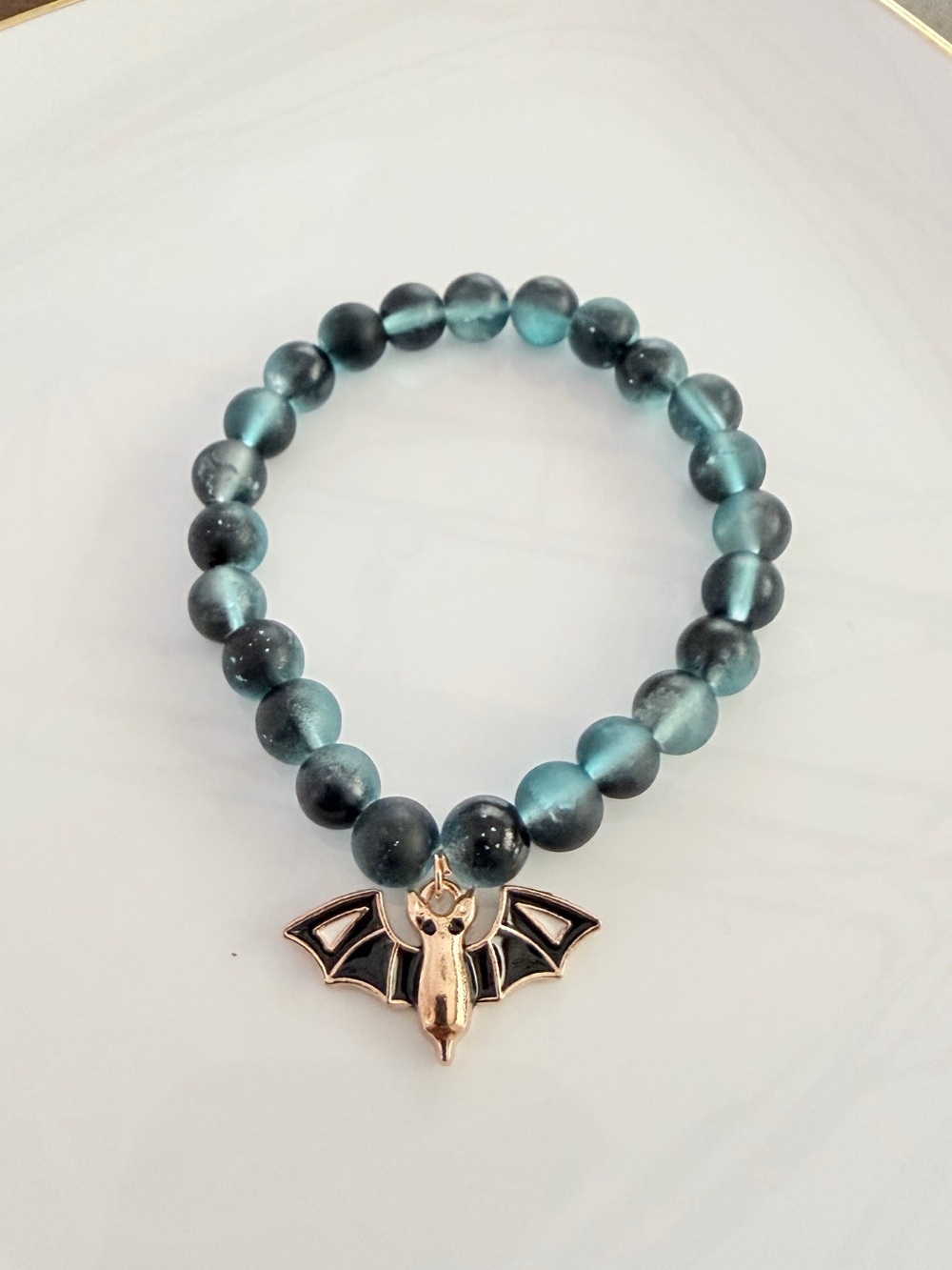 Teal Beaded Bracelet with Gold Bat Charm Goth Jewelry